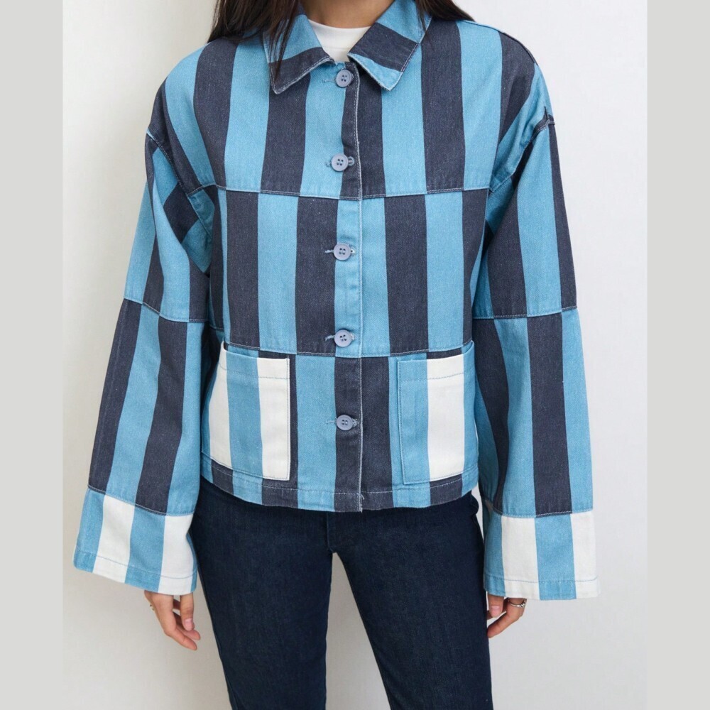 Blue & Navy Colorblock Striped Denim Jacket